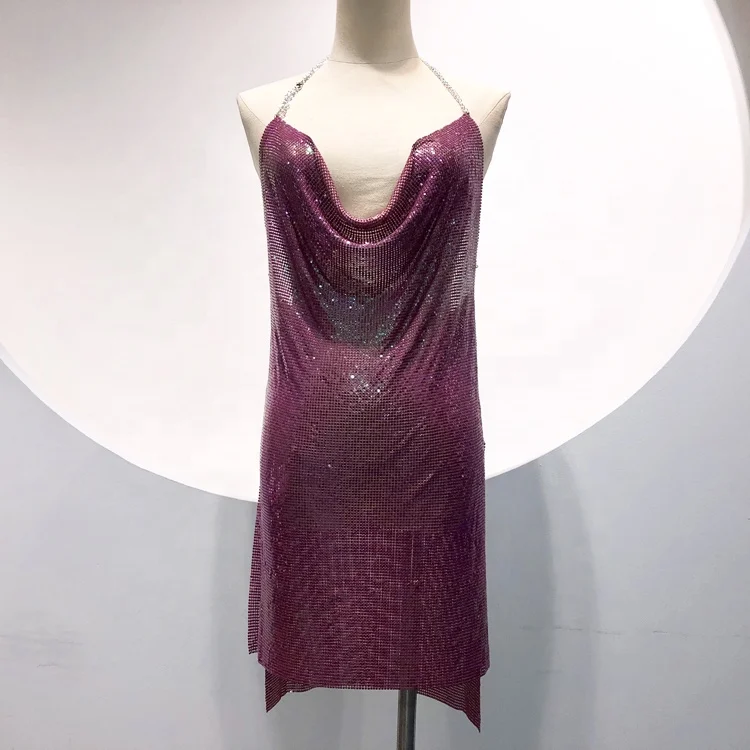 Женское сексуальное Клубное Радужное фиолетовое платье GC025 chainmail, женское вечернее платье на бретелях с открытой спиной