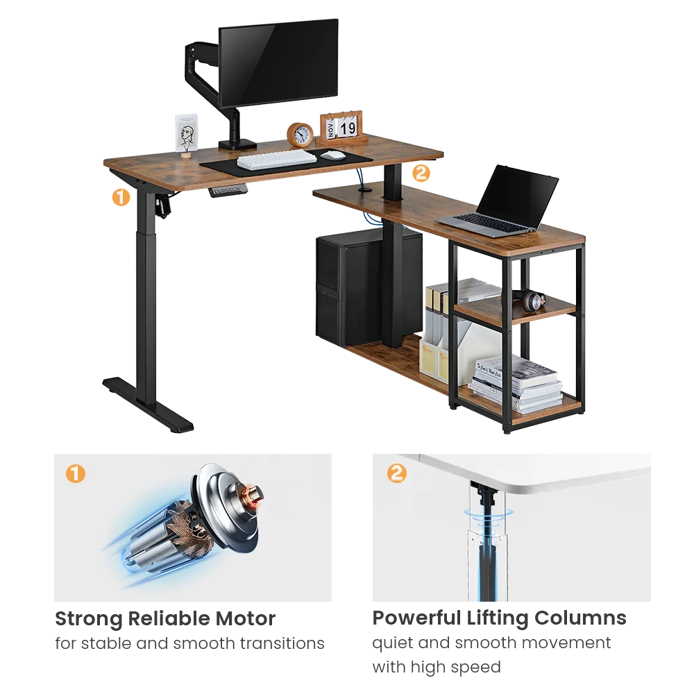 Wholesale OEM ODM Single Motor Home Office Sit Stand L Shaped Electric Height Adjustable Standing Desk with Storage Shelf