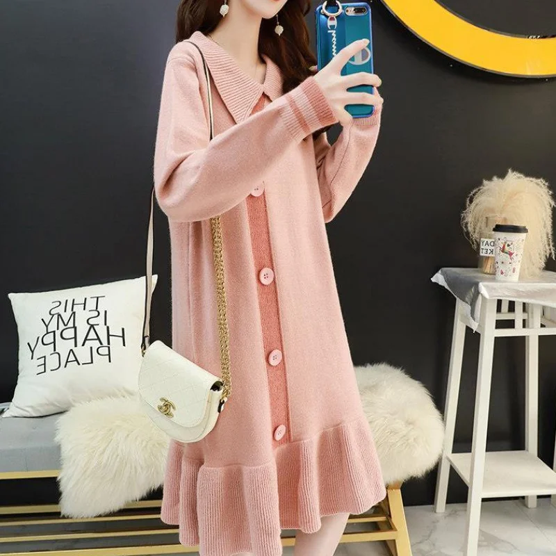 2020 Latest new arrival doll collar long sleeve loose fit pregnant women fishtail knit long sweater dress