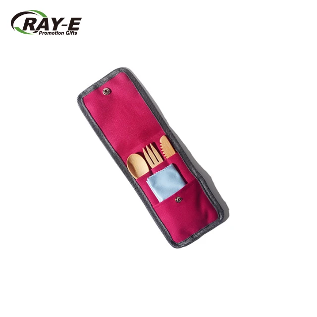 Friendly Outdoor Travel Portable Set Knife and Fork Spoon 16cm Custom logo Reusable Bamboo Cutlery Set Canvas bag