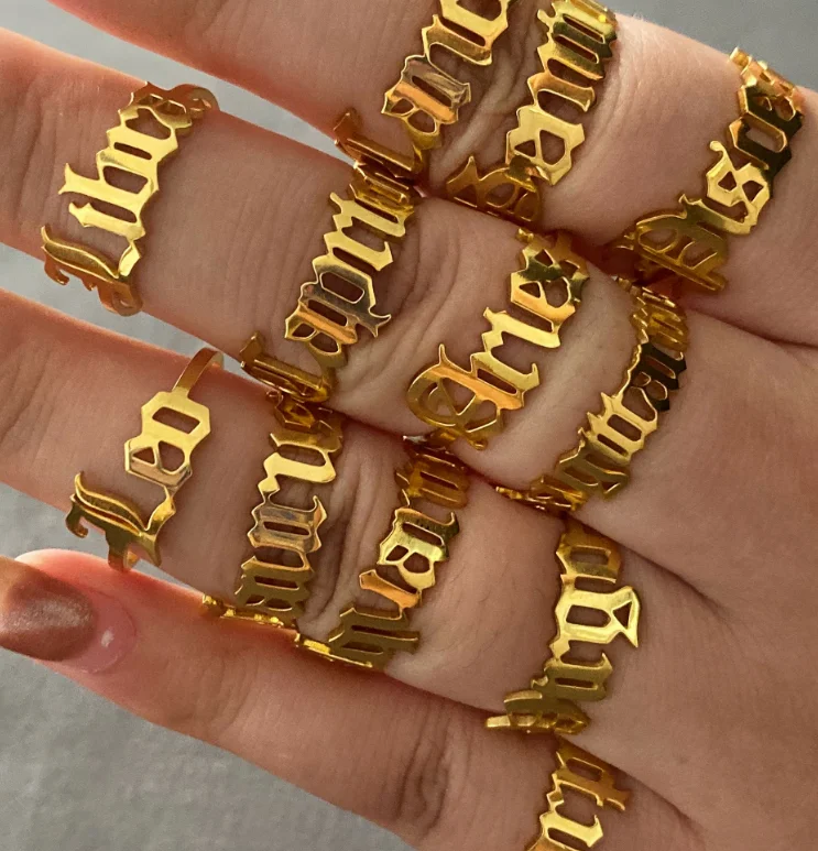 customize name tarnish free ring 18k gold plated 12 old english zodiac rings stainless steel