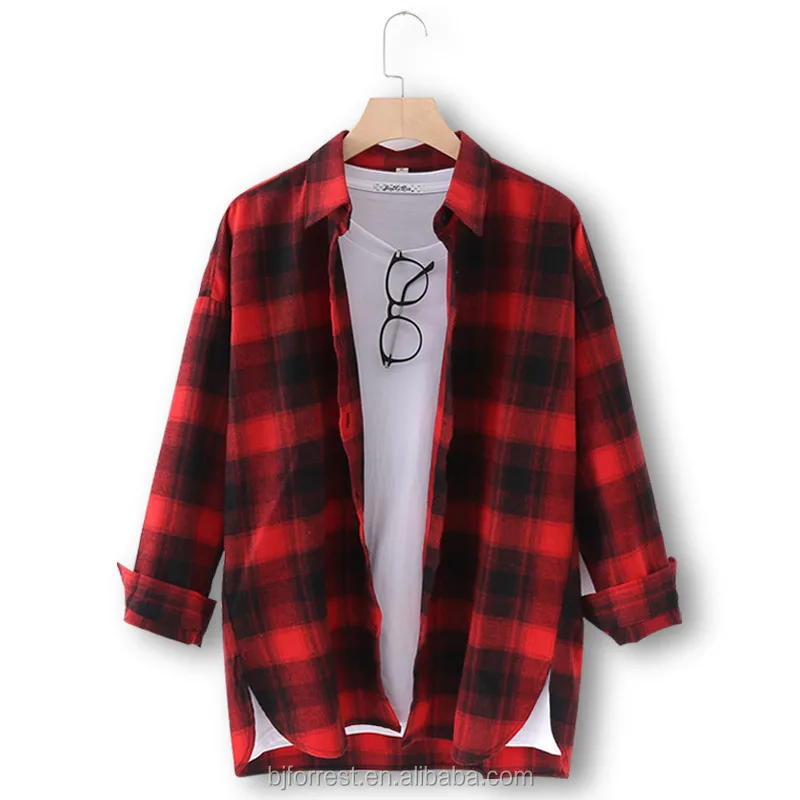
2021 spring Brushes flannel cotton plaid Red black plaid women blouse lady shirt 