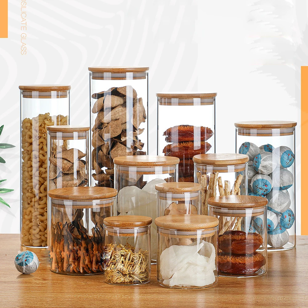 Low Price Factory  Wholesale Cylinder Spice storage jar glass  containers with bamboo  lids food storage containers for home