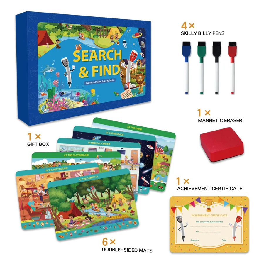 New 12 scenes Search And Find Book Reusable Write And Wipe Activity Mats Busy Book for Boys Girls