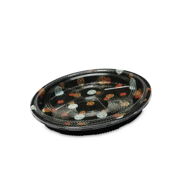 HP-61 Takeway Disposable Plastic Food Container Sushi Party 11 Inch Round Tray With Printing Custom Logo Box With Clear Lid