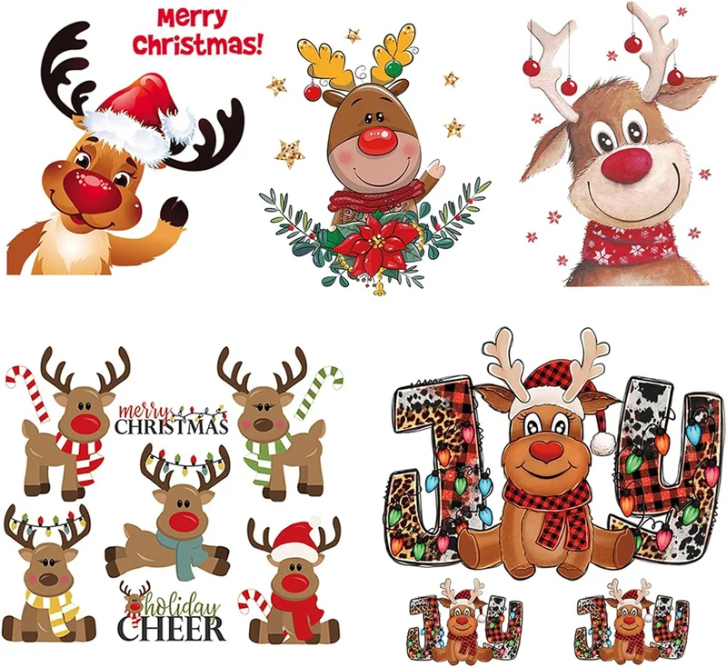 Deer Heat Transfers Vinyl Christmas Iron on Patches Stickers for T-Shirts Jeans Jacket Hoodies Clothing Decorations