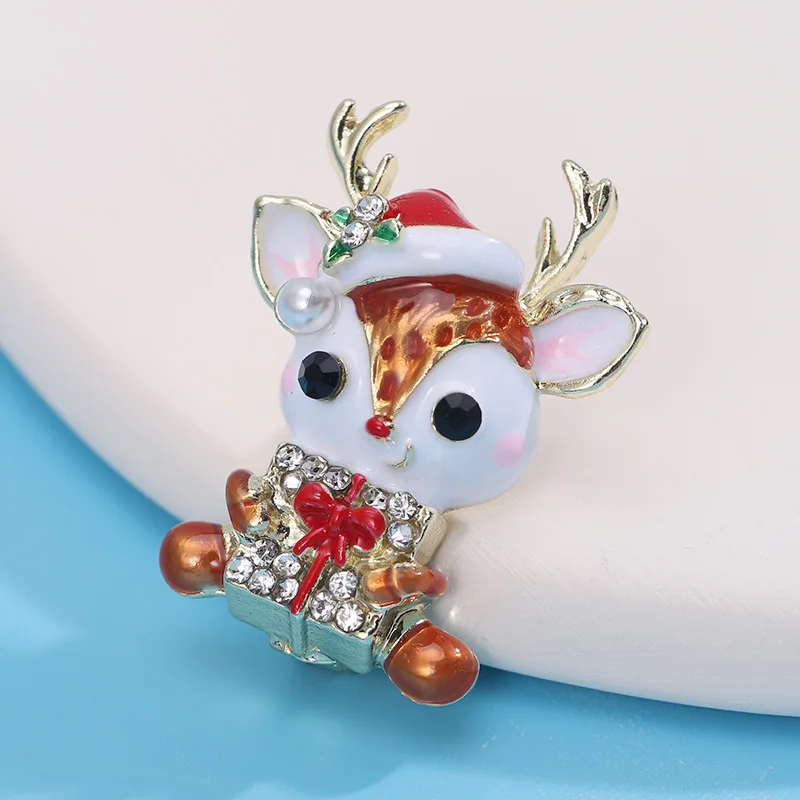 Cute christmas decoration rhinestone cartoon animal brooch pin enamel elk brooches for baby kid clothes accessories