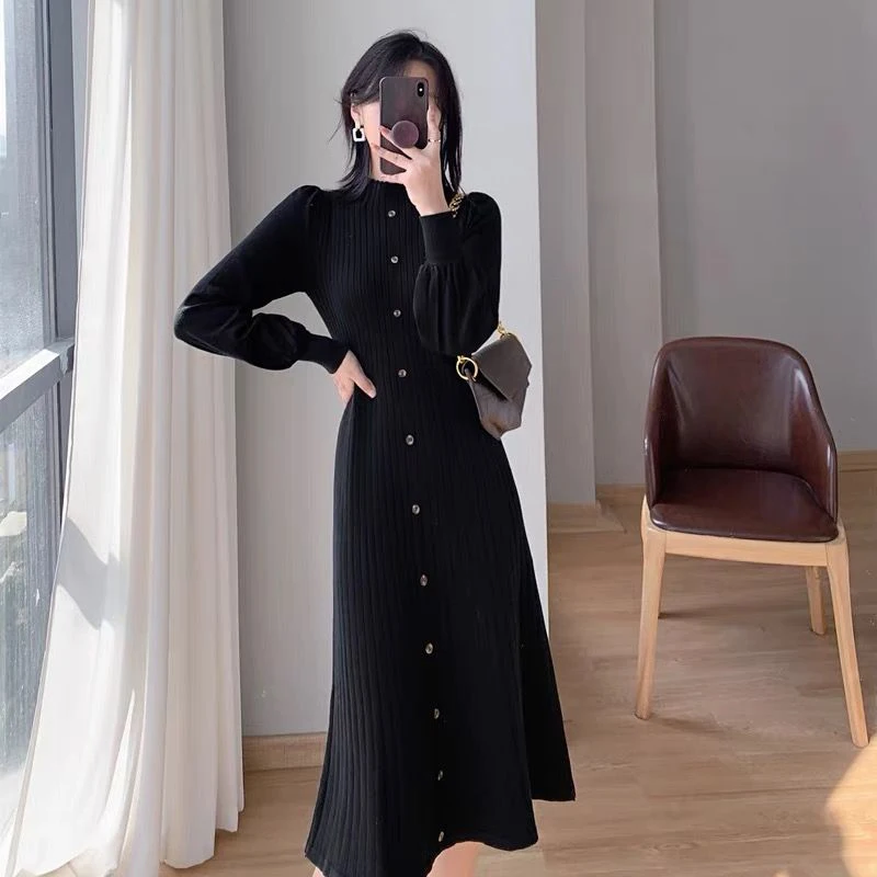 Autumn and winter mock neck mid-length knee-length jumper dress bubble sleeve inner knitted long sleeve dresses