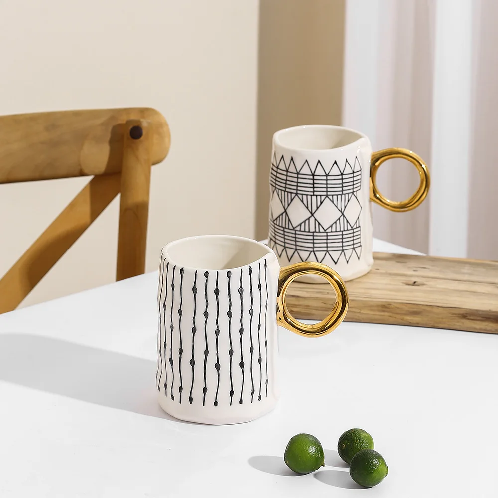 20 oz Tazza Wholesale Luxury Nordic Style Porcelain Custom Latte Ceramic Coffee Mugs Cups with Gold Handle