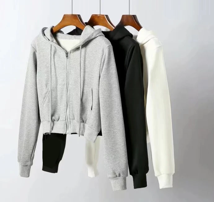 2021 Casual High Quality Custom Logo Women Blank Cotton Cropped Zip Up Croptop French Terry Hoodies