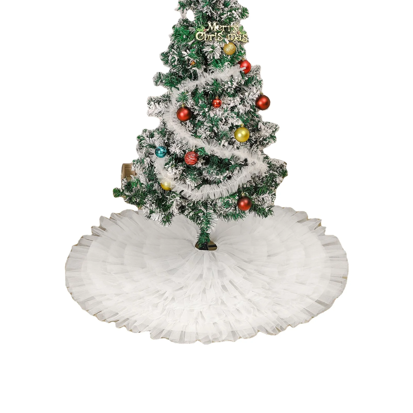 YW-382 Large Fluffy Edge Xmas Tree Skirt White Tulle Tutu Christmas Tree Skirt