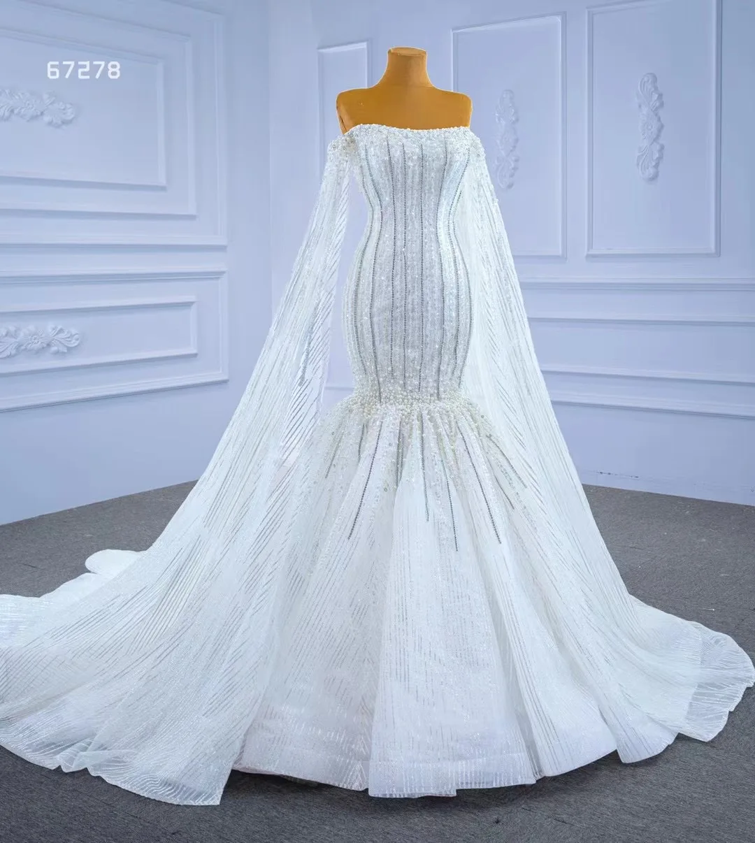 Feishiluo Wholesale Sequins Bead Lace Mermaid   Bridal Dress Luxury Full Sleeves Mermaid  Wedding Dress