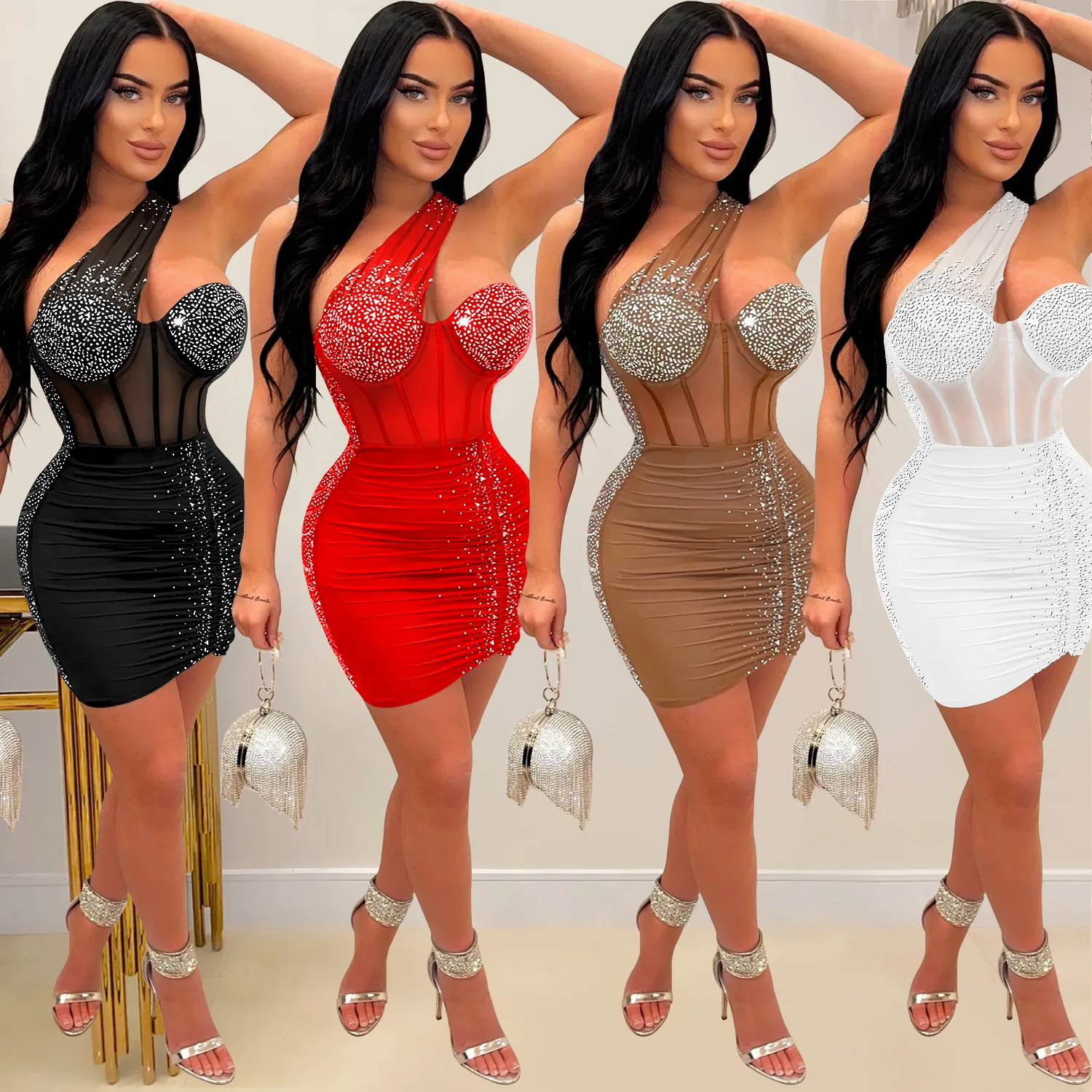 BOBOYU 2023 new fashion cocktail party dresses women sexy one shoulder rhinestone corset dress club ladies short bodycon dress