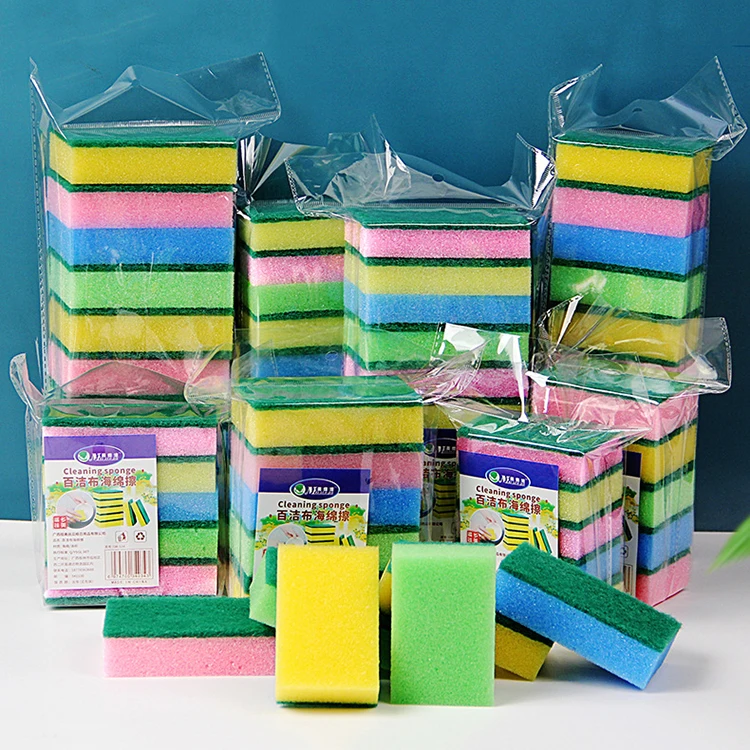 Wholesale Cheap household double side kitchen cleaning sponge block green yellow washing sponge scouring pad dish-washing sponge