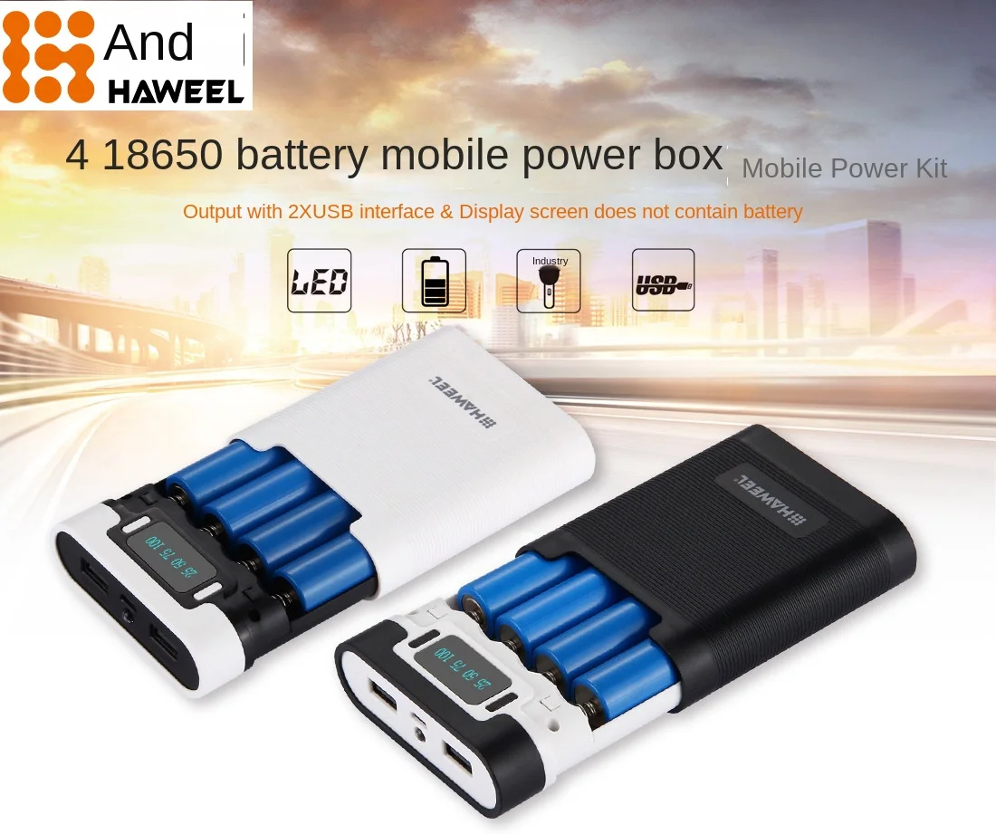 HAWEEL DIY 4x 18650 Battery (Not Included) 10000mAh Power Bank Shell Box with 2x USB Output & Display, For iPhone, Galaxy