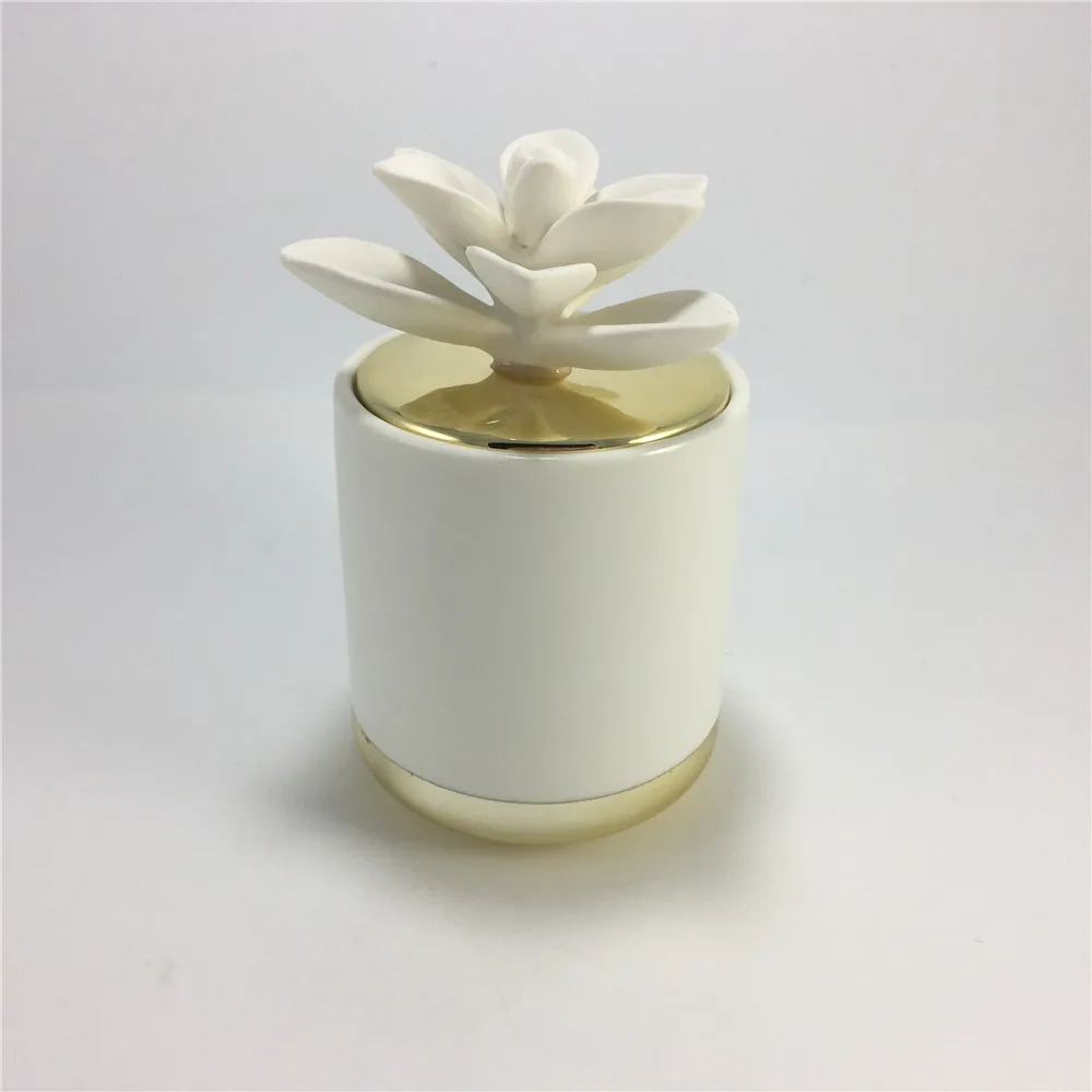 Unique Ceramic candle jar with ceramic flower gold lid