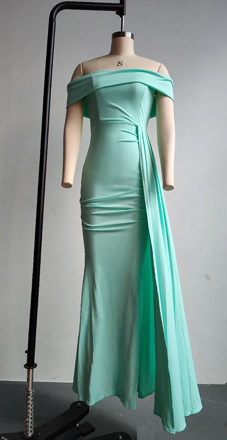 Green Off Shoulder Plicated Party Zip Back Slim Fit Prom 2023 Newest India Style Evening Dresses