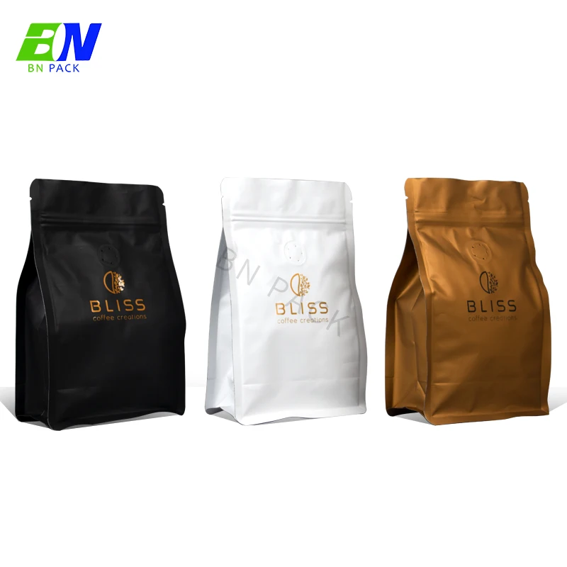 China manufacturer 250g 500g 1kg stand up bags aluminium foil flat bottom plastic coffee bean bag with valve