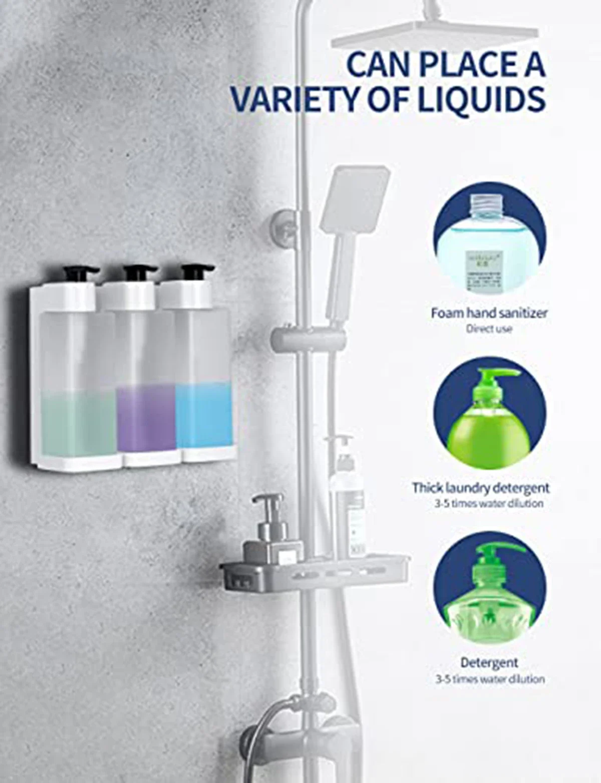 300ML Dispenser for Liquid Soap Shower Gel Hand Wash Dispenser Dish Soap Container Kitchen Bathroom Wall Mount Countertop