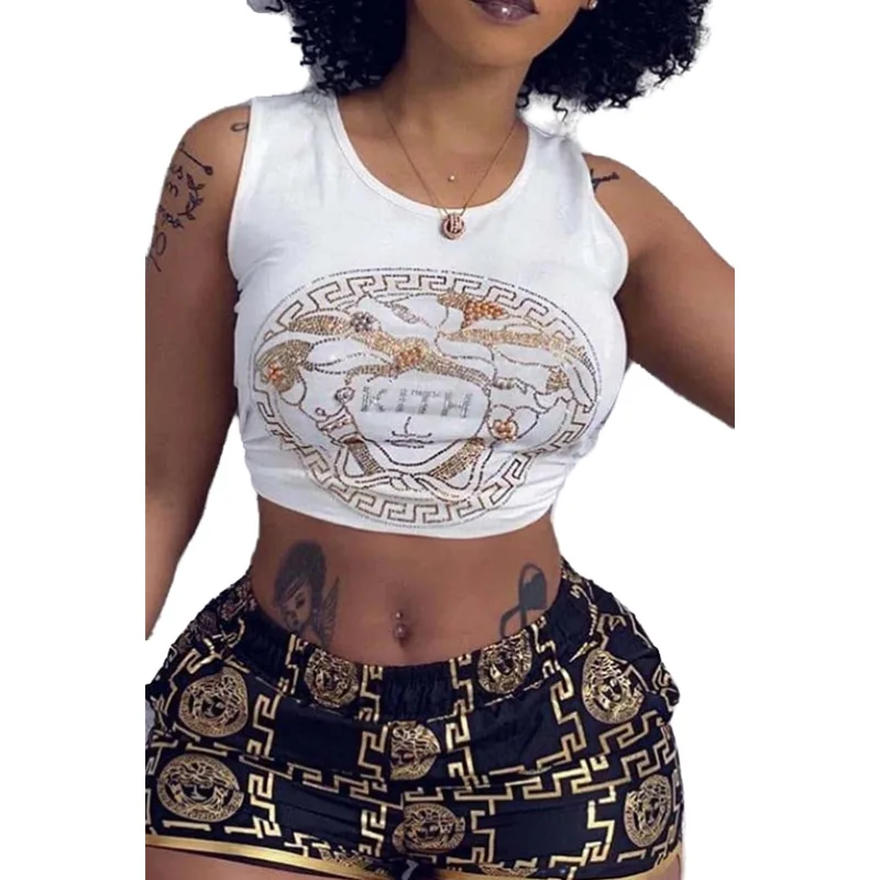 
S&P 2021 Summer Hot Style Fashion Sexy Vest and Hot Drill Print Shorts Two Piece Suit Sets 