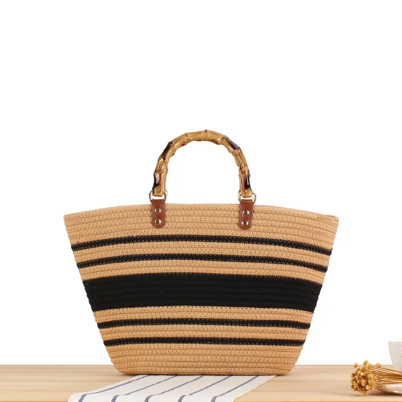 Wholesale Basket large capacity striped bamboo latest fashion straw bags casual tote bag cotton rope woven designer beach bag