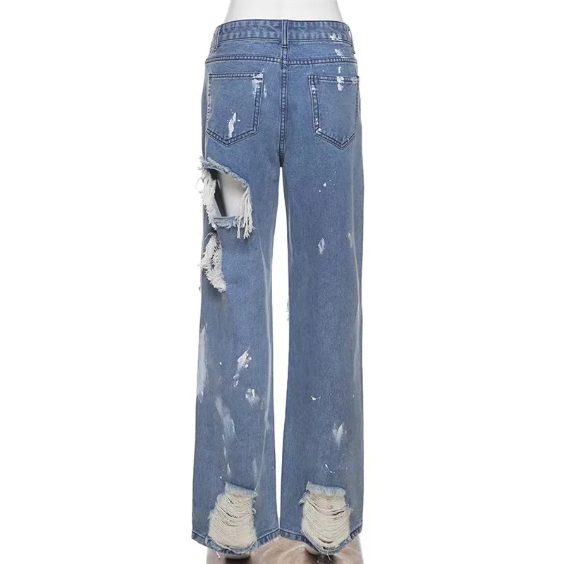W women ripped denim pants 2022 Summer fashion hollow-out painted high-waisted straight-tube skinny Street Girl jeans