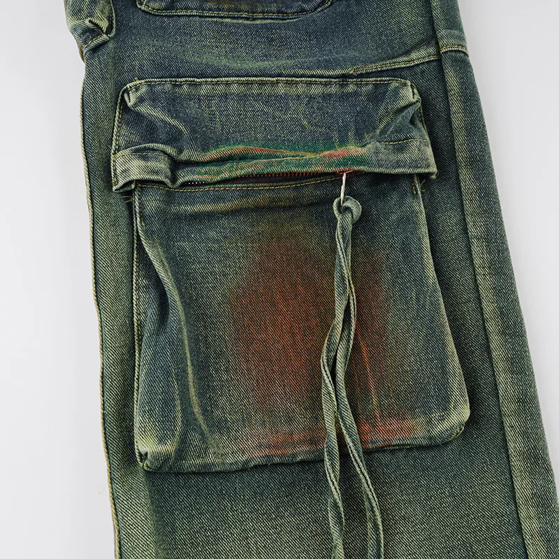 New Trendy Women Jeans Big Pocket Workout Denim Overalls Straight Leg Pants Ladies Casual Tie Dye Denim Cargo Jeans Pants Women