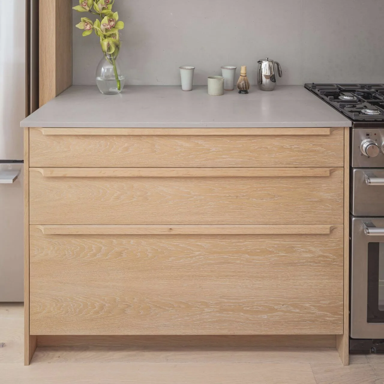 Contemporary Kitchen Storage Cabinets Modern Light Oak Wood Kitchen Island with Built-In Sink & Refrigerator MDF Panel
