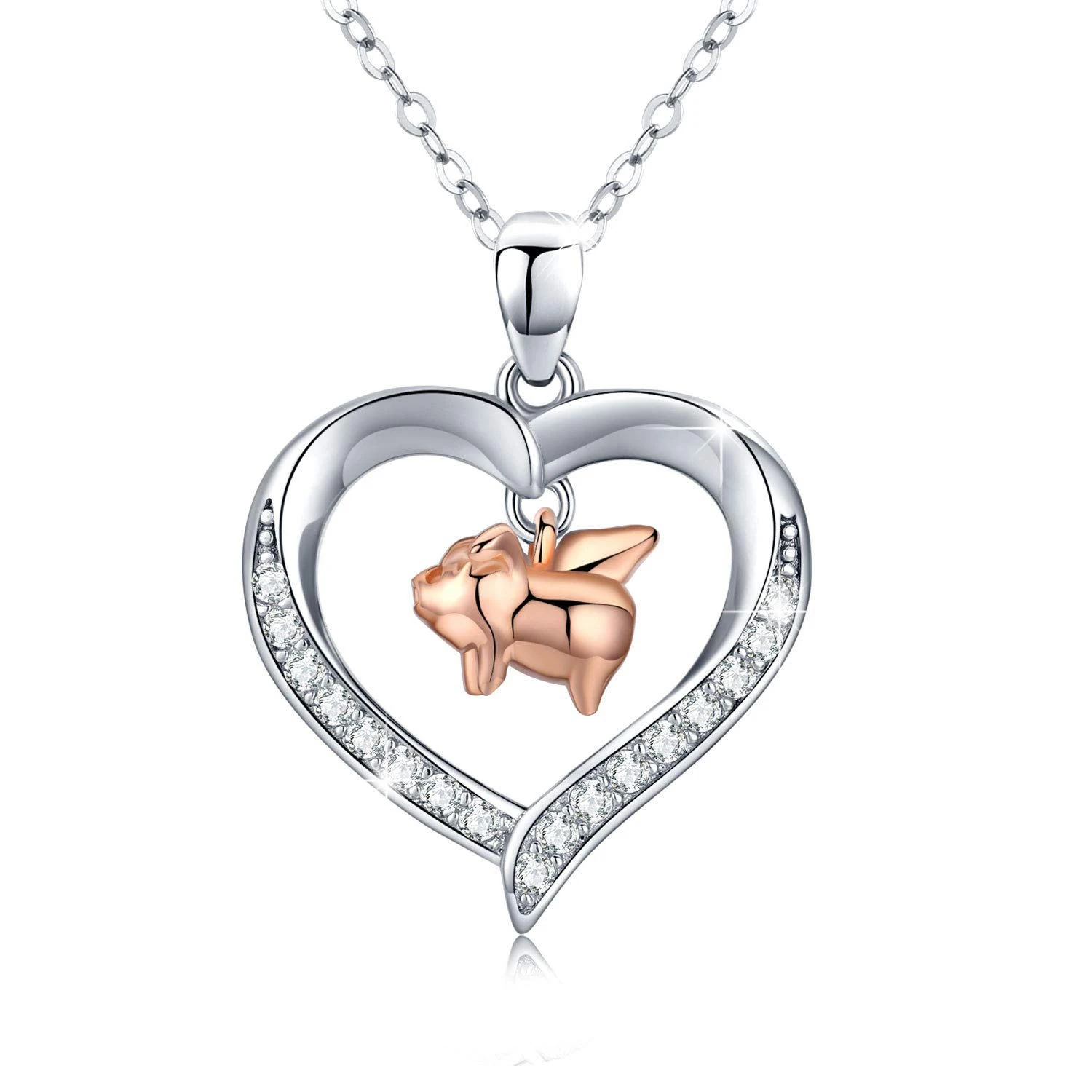 925 Sterling Silver Cute Animal Heart Pendant Necklace Rose Gold Pig with Zircon Women Girls Birthday Gift Jewelry