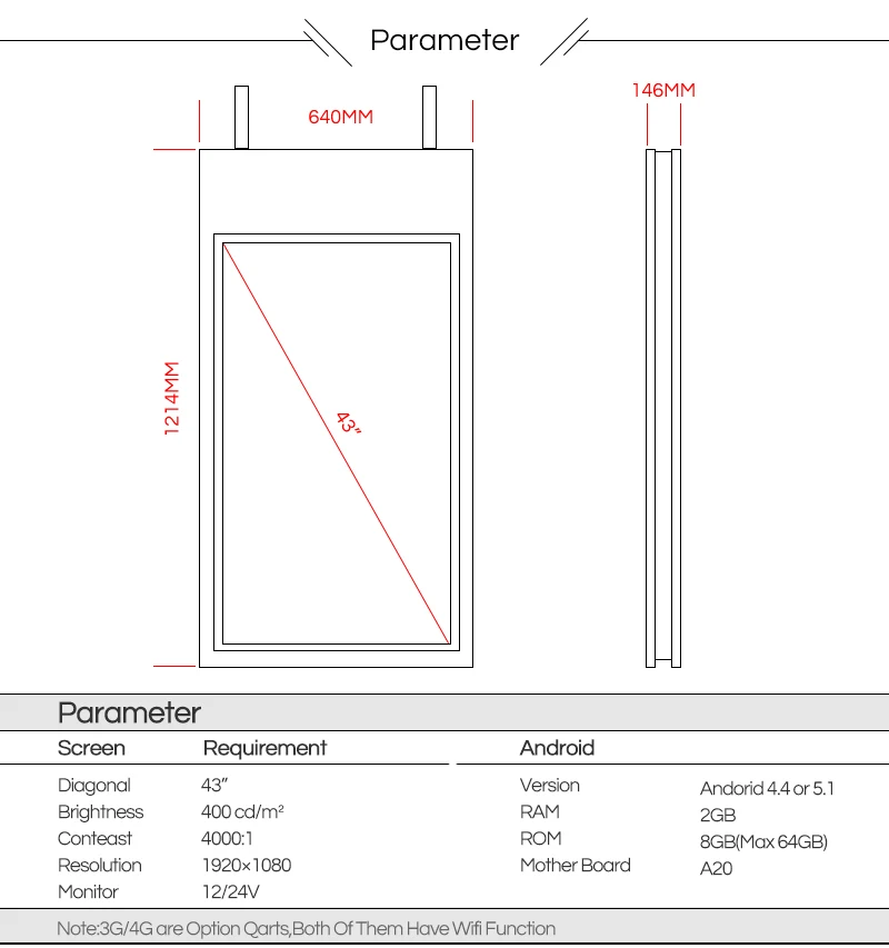 2018 new Double 43 inch FHD 800nits screen hanging advertising machine double sided android advertising player