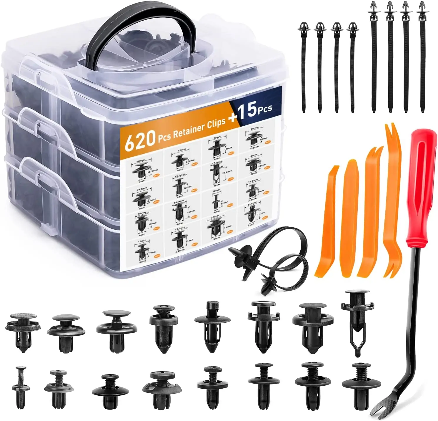 635Pcs 16 Most Popular Sizes Car Auto Push Retainer Clips Fasteners Assortment Nylon Bumper Fender Rivets with 10 Cable Ties