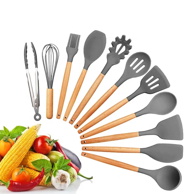 Kitchen Tool Wooden Handle 11-piece Kitchenware Non-stick Cookware Silicone Kitchenware Set Cooking Spatula Spoon Tool