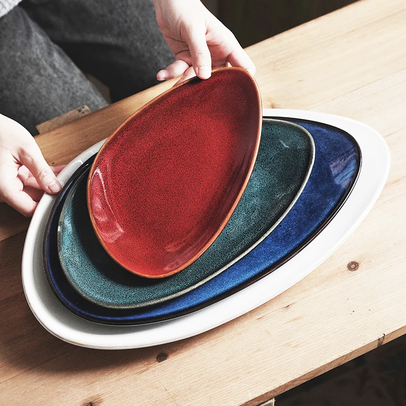 Reactive Glazed Porcelain Dinner Plate Triangle Fruit Dessert Salad Platter Pasta Steak Serving Tray Hotel Restaurant Tableware