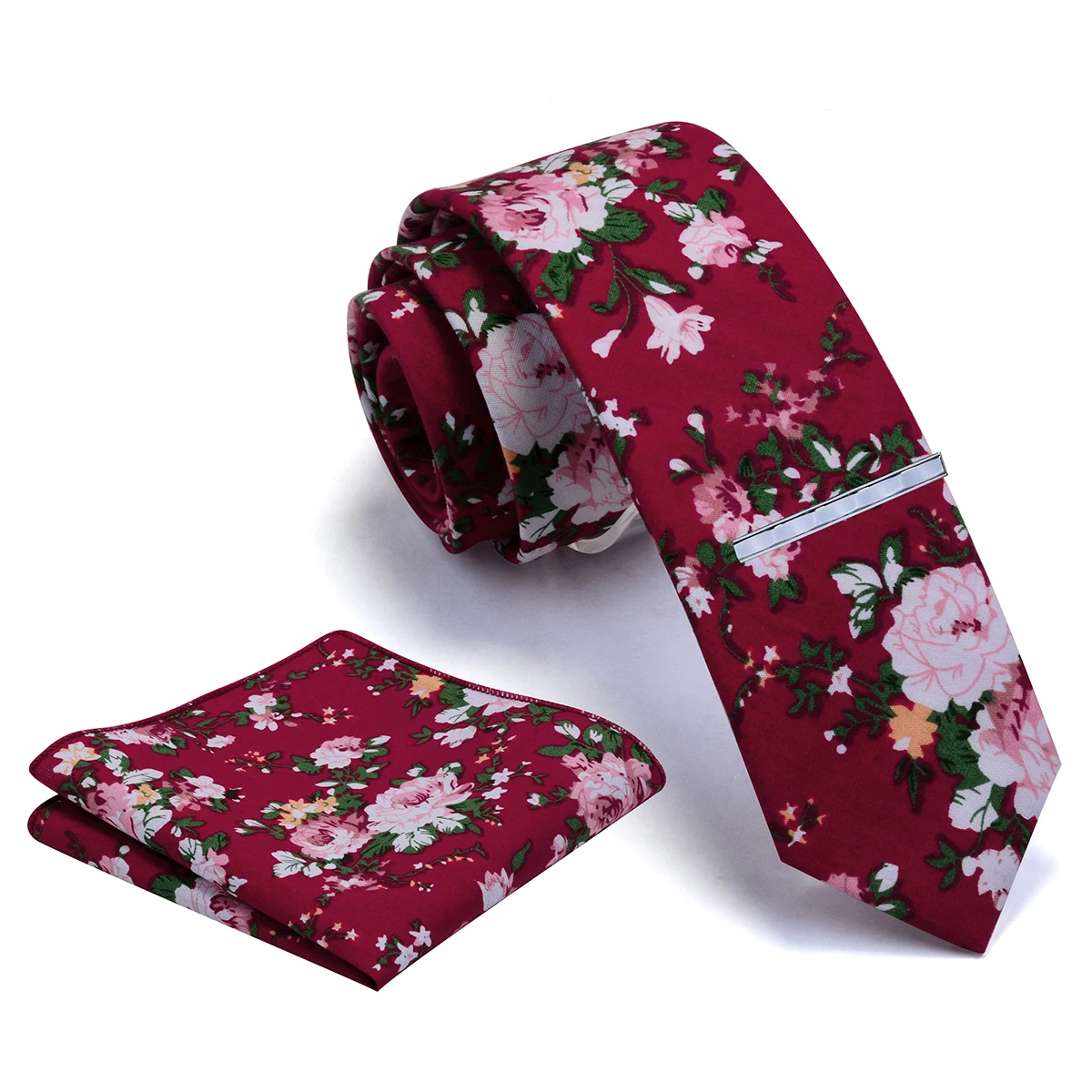 Wholesale Mens Cotton Printed Floral Skinny Neck Ties 6cm Necktie with Pocket Square Hanky Tie Clip Set