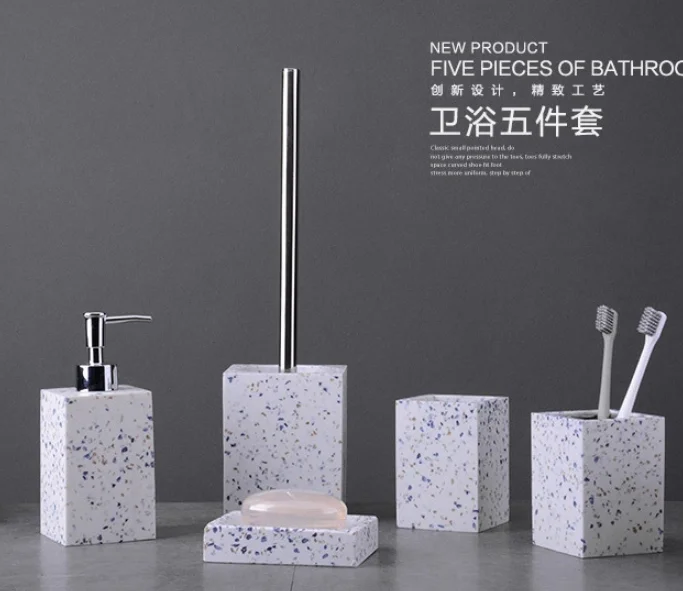 Luxury 5 pcs hotel home dinas bathroom ornaments and accessories dresser with mirror polyresin bathroom set soap dispensers set