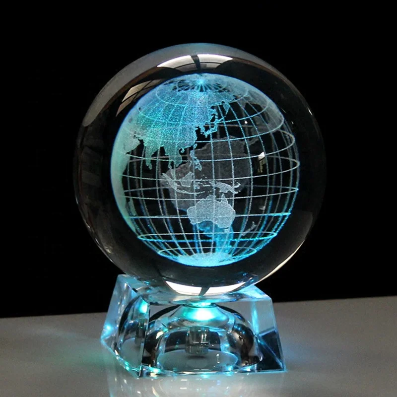 Led light round global crystal magic ball world map crystal globe paperweight For home and office decoration
