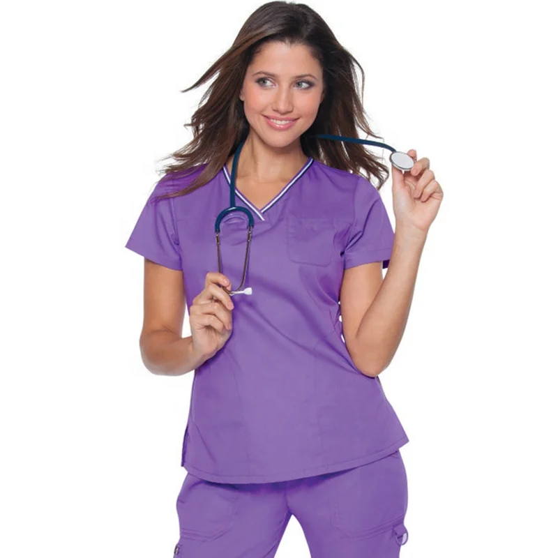 Women Nursing Hospital Uniform Rib Crew Neck Three Pocket Custom Made Nurses Scrub Top