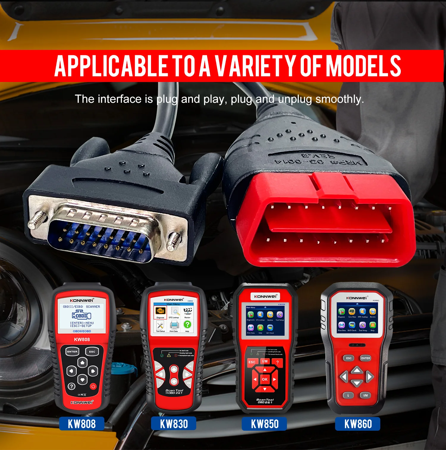 KONNWEI Universal 16 PIN escaner automotriz OBDII Car Diagnostic Scanner car obdii vehicle tools with 150cm length  Cable