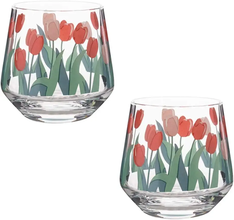 Wholesale Vintage Tulip Flower Print Glass Mug Stemless Drinking Glasses For Home Wedding Party