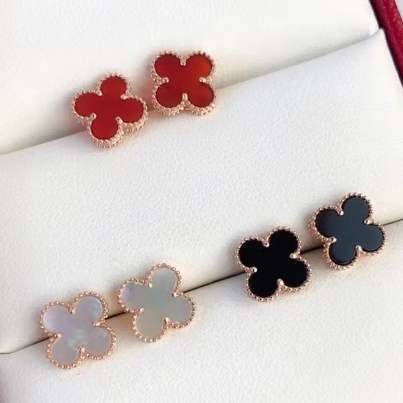 Pierce Stone Tiny Stud 14K 18K Pure Gold Solid Flower Shape Clover Ear Piercing Studs Black Jade Earrings Piercing Jewellery