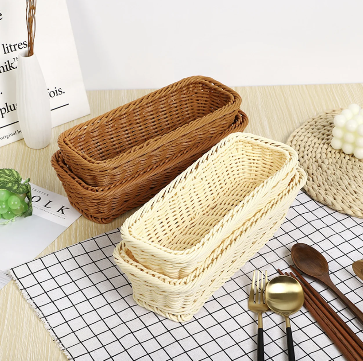 Kitchen Cutlery Storage Basket Hotel Restaurant Knife Fork Basket Household Chopstick Rectangular Imitation Rattan Basket