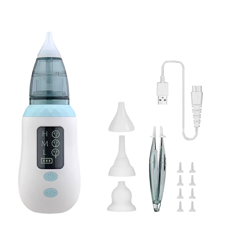 65kpa USB charging baby nose cleaner LCD display 3 suction baby nasal aspirator with 3 silicone heads with manual tweezers