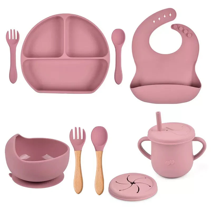 6 PC Strong Suction Bowl Plate Spoon Folk Set Baby Feeder Cup Toddlers Feeding Bib BPA Free Silicone Baby feeding Set For Kids