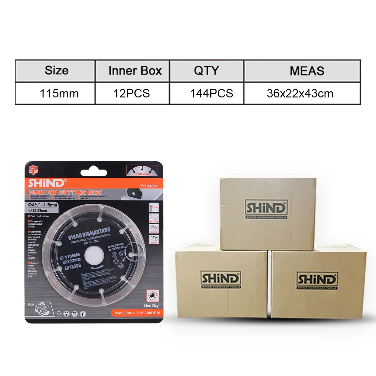 SHIND 94961 Dry Diamond Cutting Disc 115mm /4.5in *22.23mm Segmented Blade For Hard Metal Concrete Stone And Brick