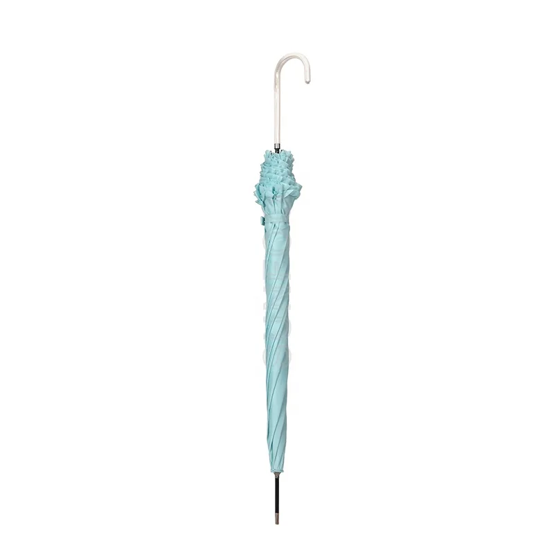 Light Blue Plain Color Ladies Frills Ruffle Fashion Lace Straight Umbrella with J Hook Handle