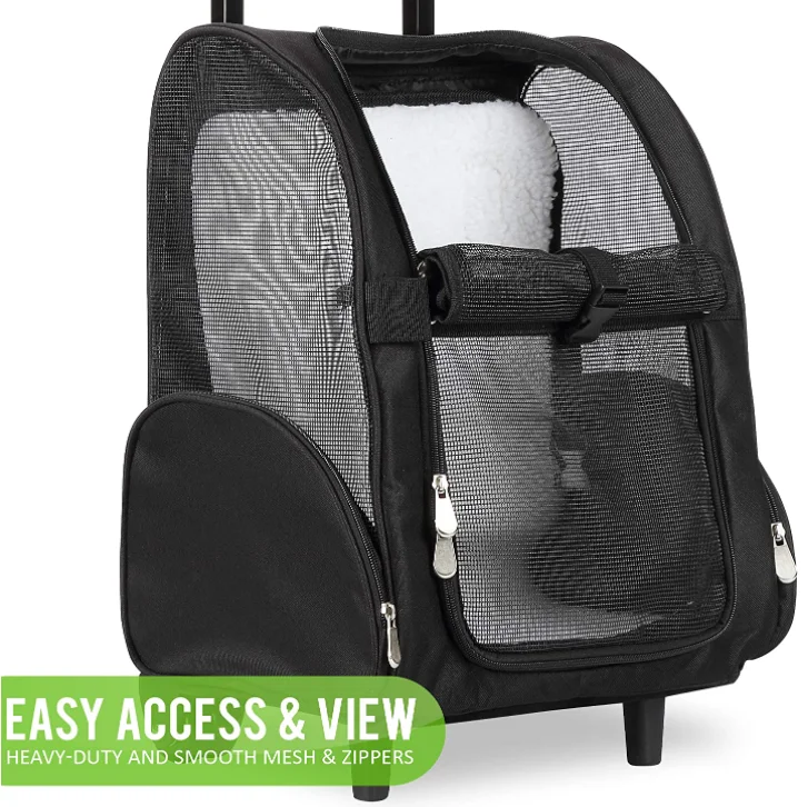 Multi-Function Breathable Mesh Fabric Oxford Black Pet Carrier Bag With Wheels Pet Travel Trolley Backpack Approved by Airlines