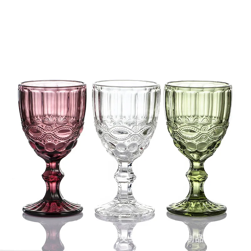 Original Color Amber Pink Purple Green Blue Gray Embossed Vintage Thick Wine Glasses Goblet 8oz Red Wine Glass Cups