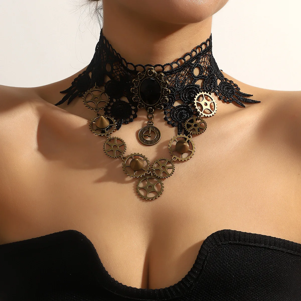 New Retro Style Choker Necklace Gothic Steam Engine Gear Lace Necklace Punk Black Necklace Jewelry