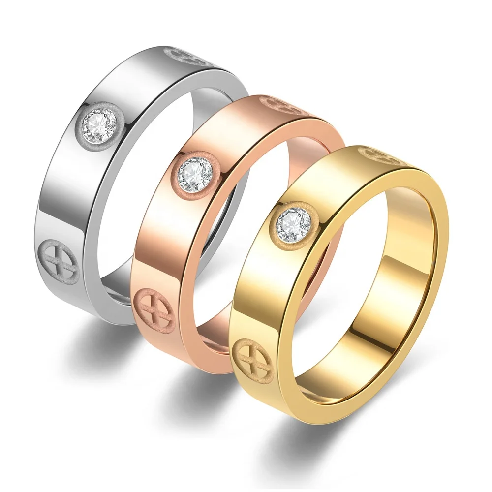 High Quality Jewelry Titanium Steel Couple Ring Non Tarnish Free Wedding CZ 5MM Wide Smooth Stainless Steel Cross Diamond Ring