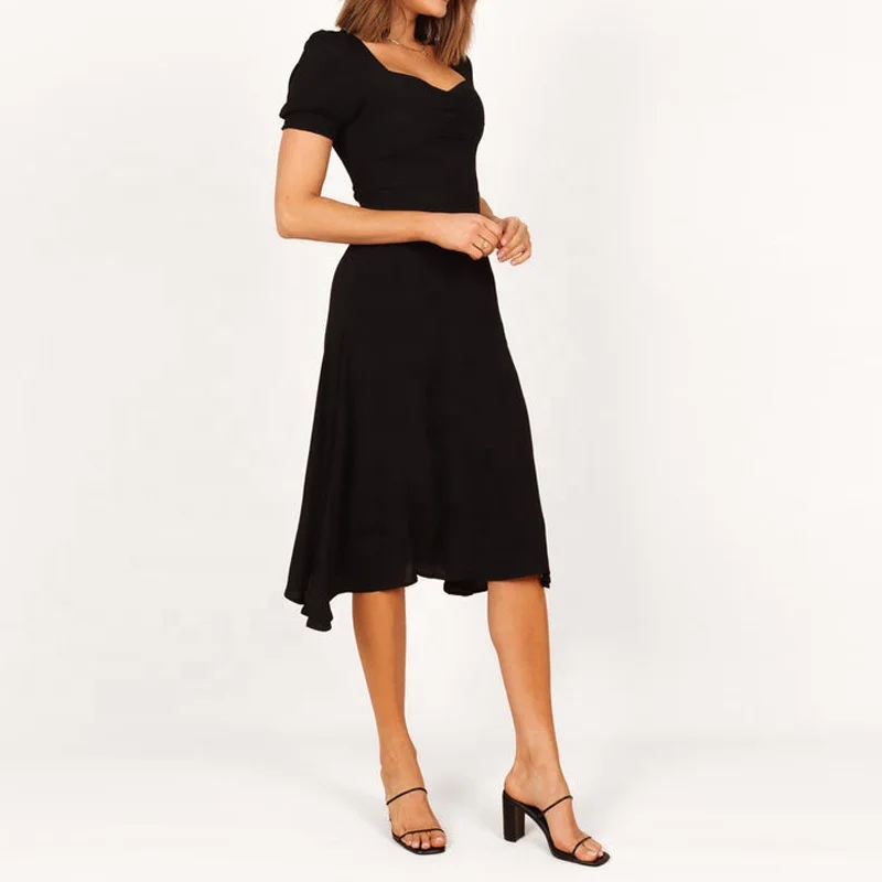 Custom Puff Short Sleeve Square Slit Midi Elegant Lady Dresses Ruffle Hem Black Dress For Women